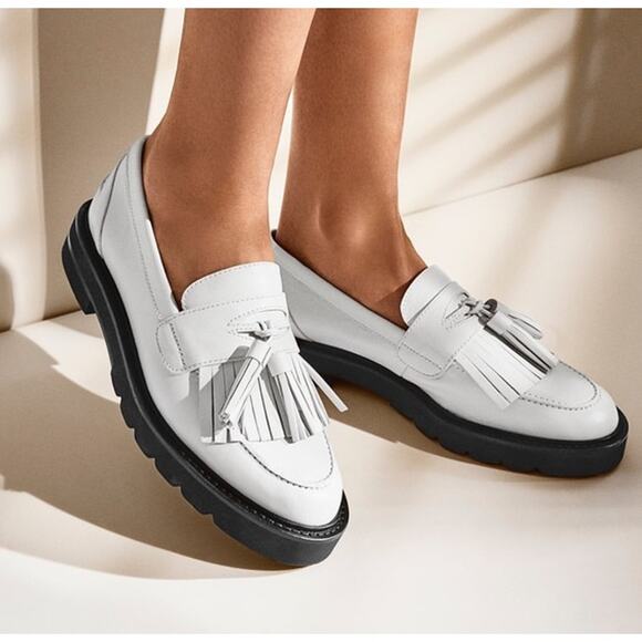 Stuart Weitzman Mila Lift Loafer Leather Tasseled Fringe Chunky Platform, White - Picture 1 of 13